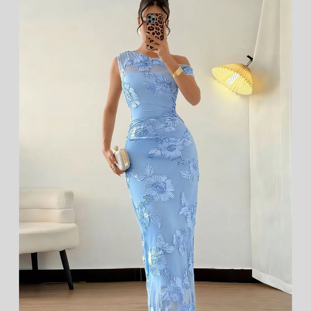 Embroidered One Shoulder Maxi Dress