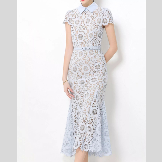 Elegant Lace Short Sleeve Midi Dress