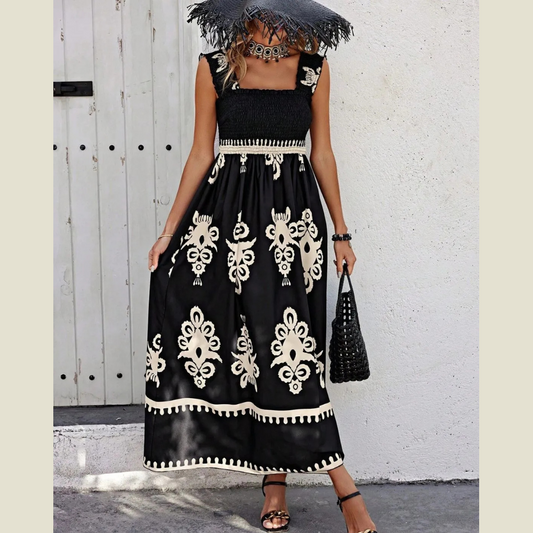 Smocked Printed Wide Strap Maxi Dress