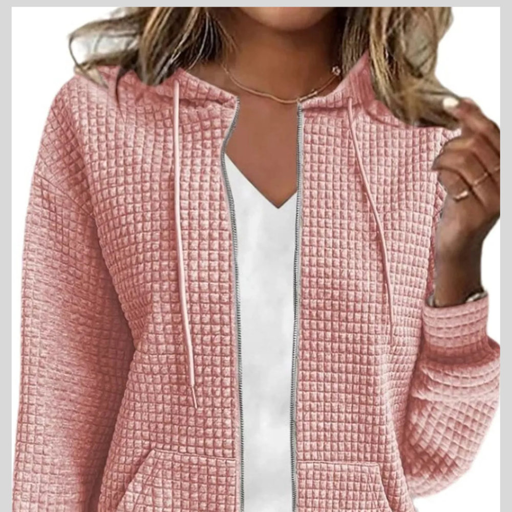 Waffle Knit Zip-Up Hoodie with Drawstring and Pockets
