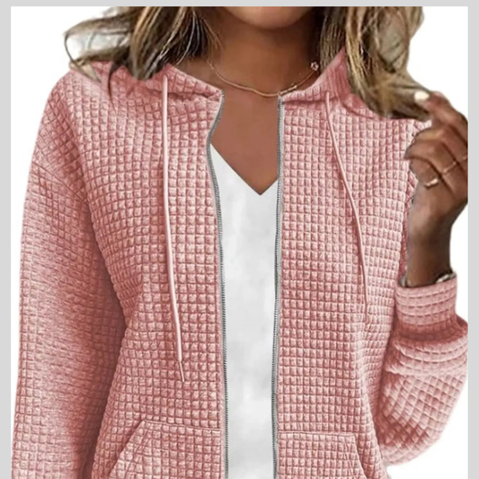Waffle Knit Zip-Up Hoodie with Drawstring and Pockets