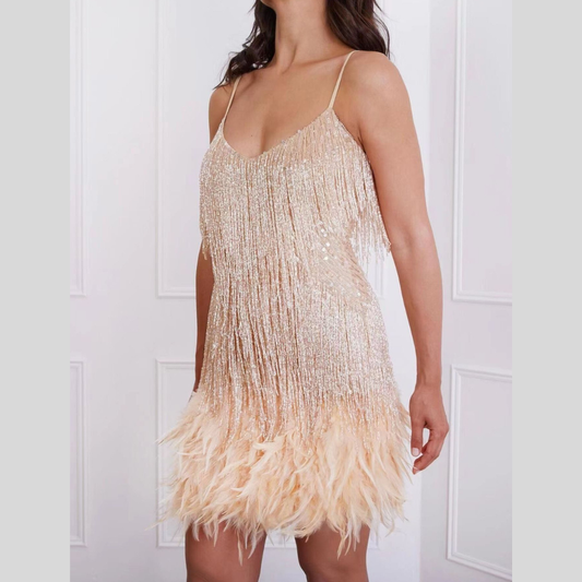 Full Size Sequin Fringe V-Neck Mini Dress Plus Size