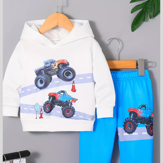 Children's Cartoon Truck Graphic Hoodie & Pants Set