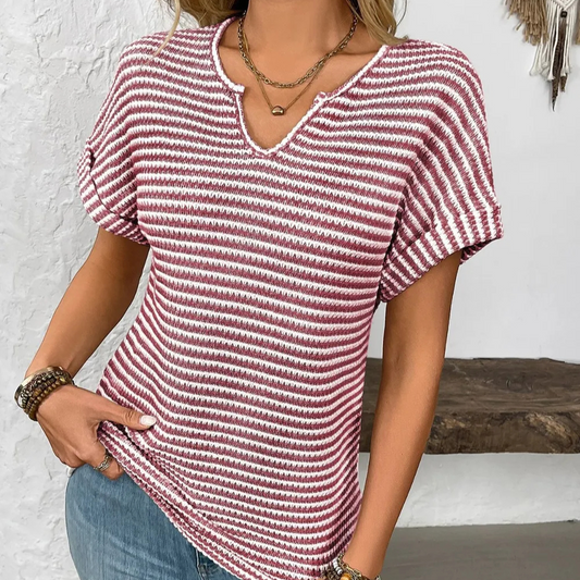 Striped Notched Short Sleeve T-Shirt