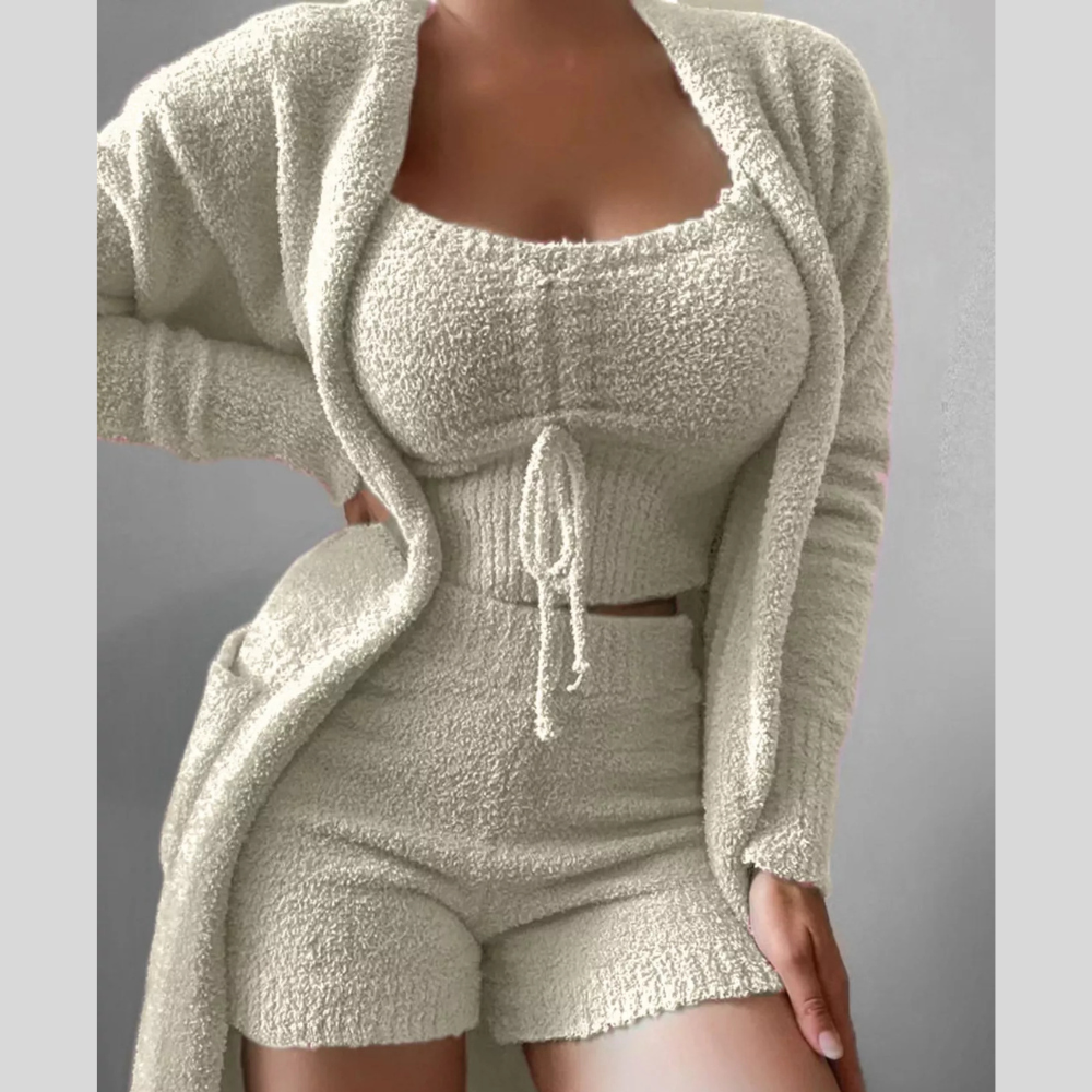 Full Size Cozy Plush Top and Shorts with Cardigan 3-Piece Set Plus Size
