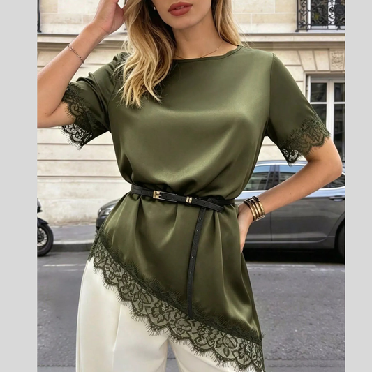 Lace Trim Short Sleeve Satin Top