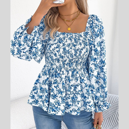 Full Size Floral Print Smocked Long Sleeve Blouse Plus Size