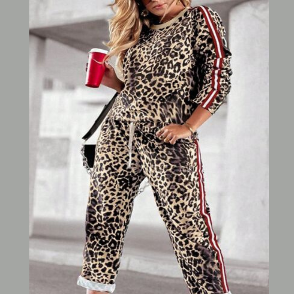 Plus Size Leopard Round Neck Top and Pants Set