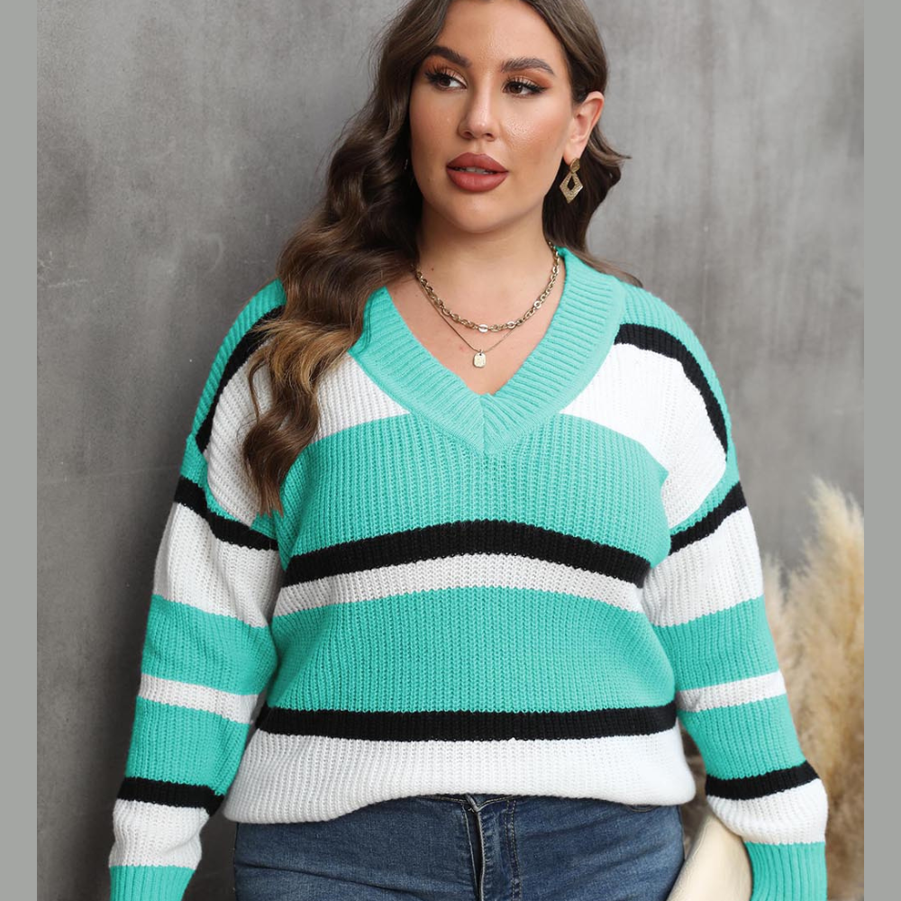 Plus Size Striped V-Neck Dropped Shoulder Sweater