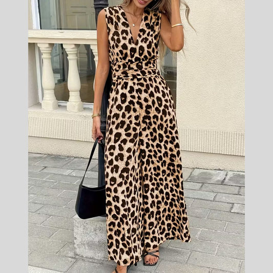 Sleeveless V-Neck Leopard Print Wide Leg Jumpsuit
