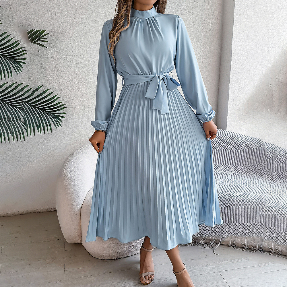 Elegant High Neck Long Sleeve Pleated Maxi Dress - Solid Color Flowy Dress For Women, Casual To Formal Wear-FREE USA SHIPPING