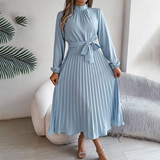 Elegant High Neck Long Sleeve Pleated Maxi Dress - Solid Color Flowy Dress For Women, Casual To Formal Wear-FREE USA SHIPPING