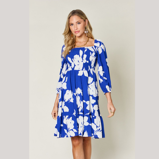 Double Take Full Size Floral Ruffle Hem Smocked Dress with Pockets