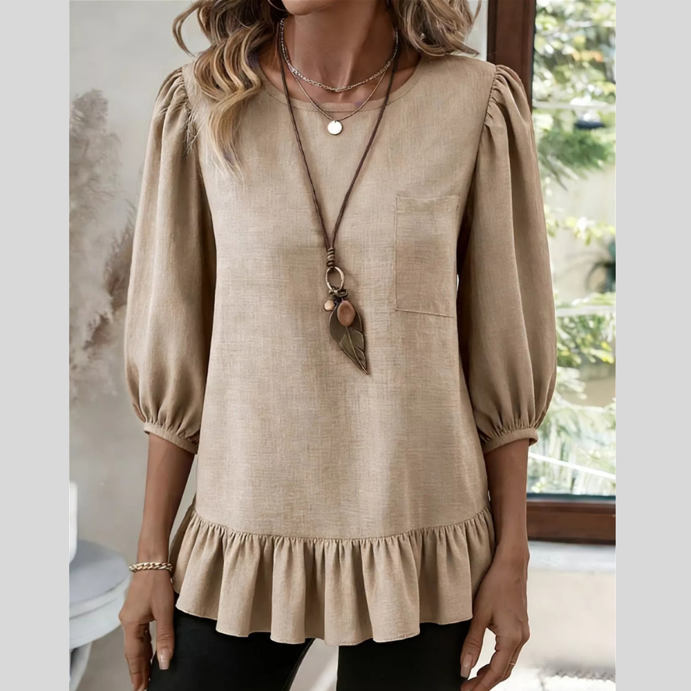 Casual Puff Sleeve Ruffle Hem Blouse