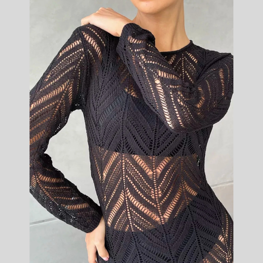 Openwork Long Sleeve Knit Cover Up Dress