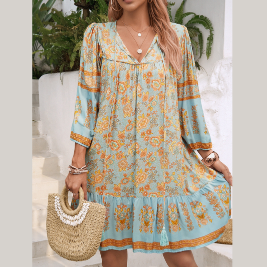 Devine Tassel Floral Tie Neck Mini Dress