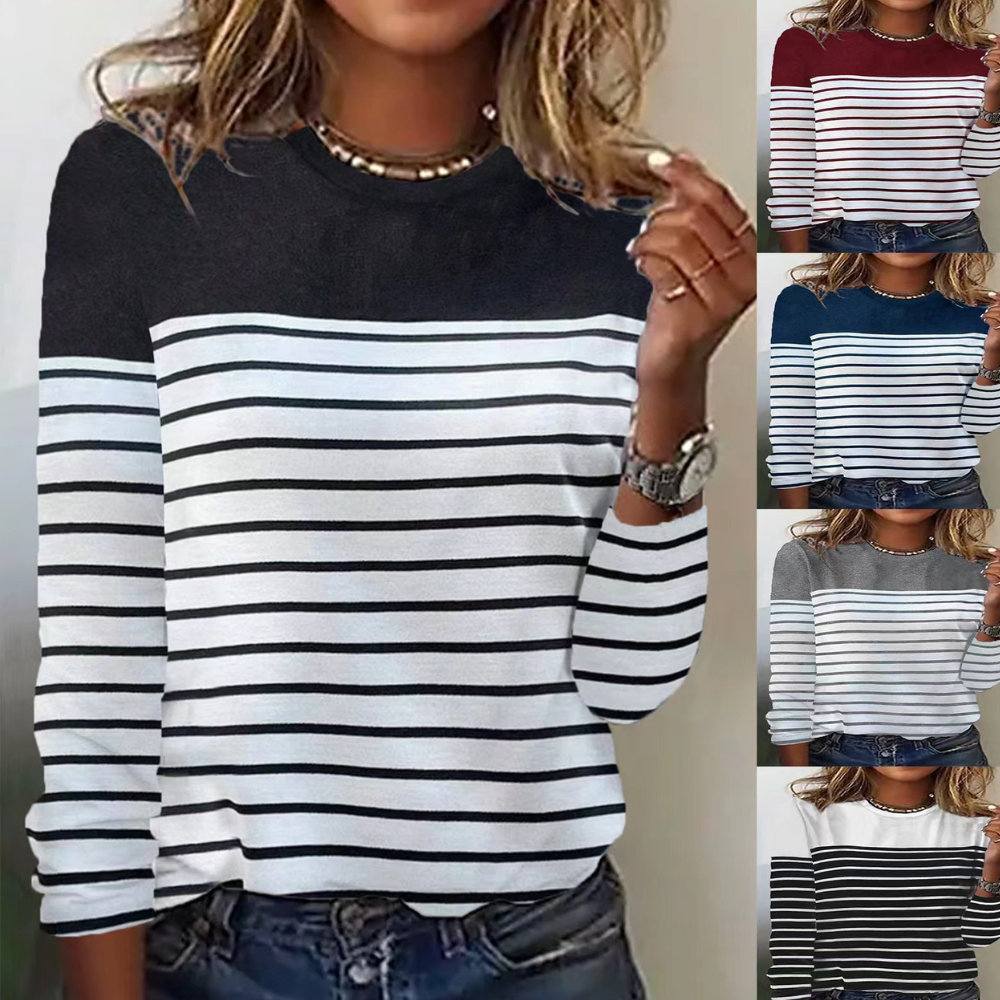 Long Sleeve Striped Two-tone Printed Patchwork Round Neck Top T-shirt