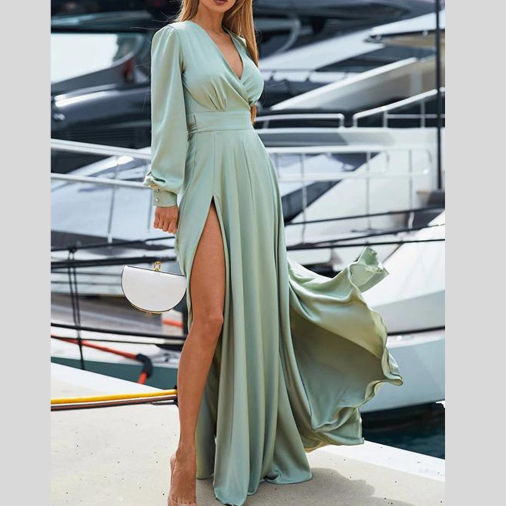 Plus Size Surplice Long Sleeve Slit Maxi Dress