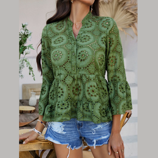 Devine Half Button Flounce Sleeve Peplum Blouse