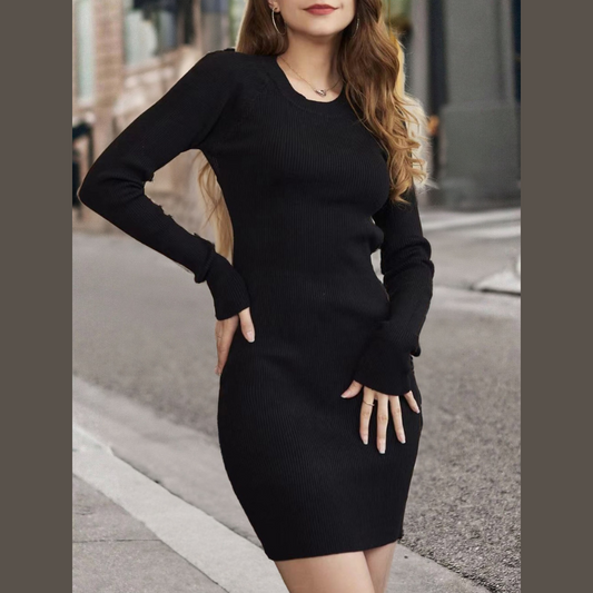 Tied Backless Long Sleeve Sweater Dress