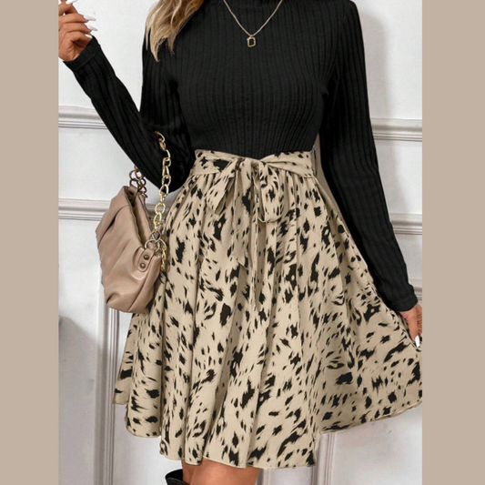 Printed Tie Waist Mock Neck Long Sleeve Dress