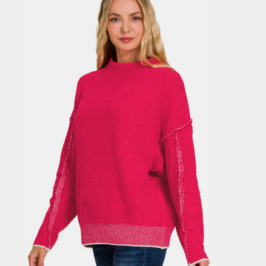 Zenana Exposed Seam Mock Neck Long Sleeve Sweater