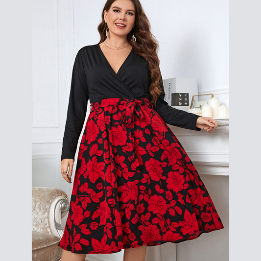 Honey Plus Size Floral Surplice Neck Long Sleeve Dress