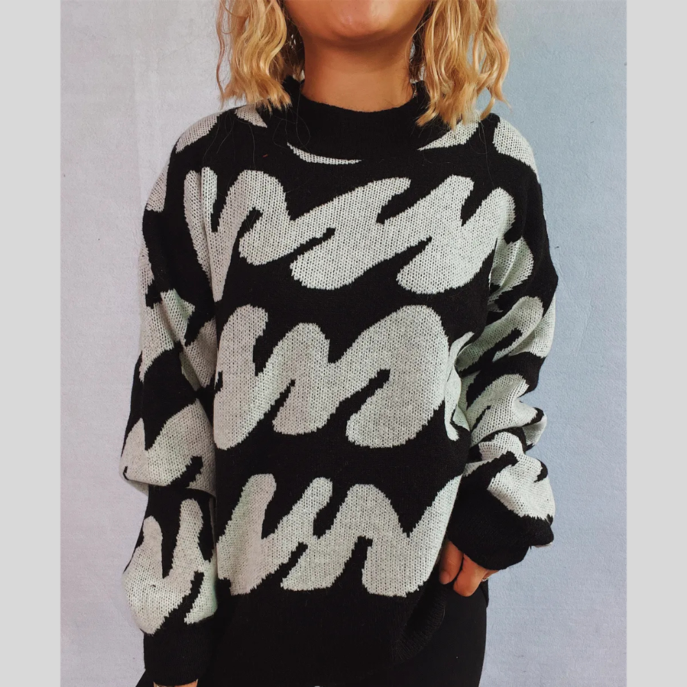 Contrast Trim Round Neck Long Sleeve Knit Sweater