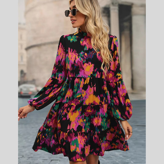Printed Balloon Sleeve Mini Dress
