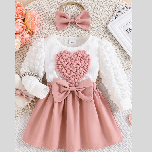 Children's Heart Bowknot Decor Dress with Headband