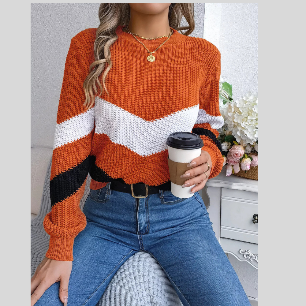 Chevron Stripe Color Block Round Neck Sweater