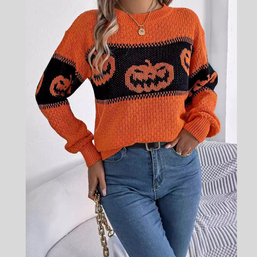 Halloween Pumpkin Pattern Round Neck Sweater