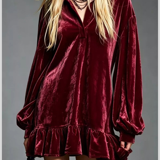 Full Size Velvet Long-Sleeve Ruffle Hem Mini Dress Plus Size