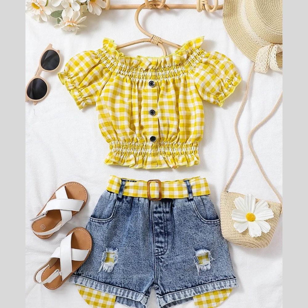 Children's Gingham Top & Denim Shorts Set