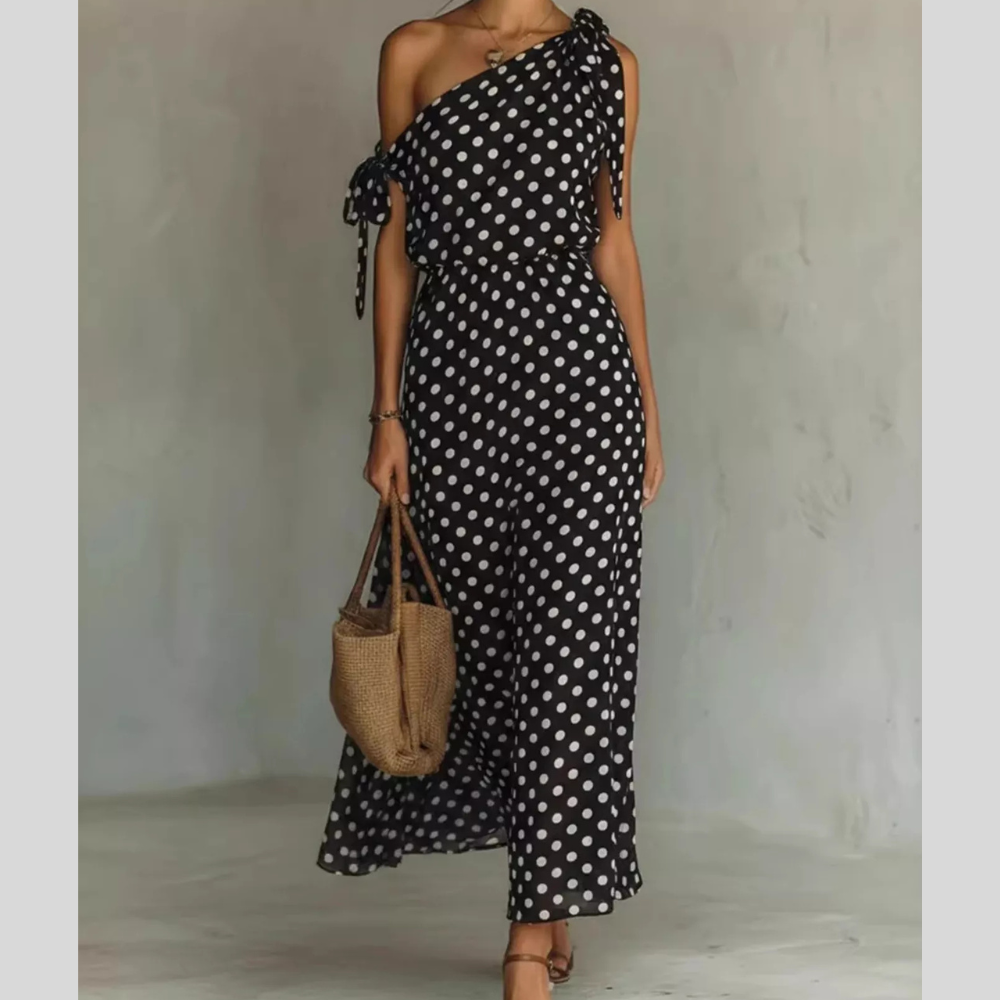 Full Size Polka Dot One-Shoulder Maxi Dress Plus Size