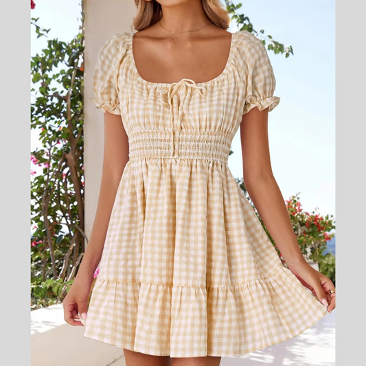 Gingham Smocked Puff Sleeve Summer Dress