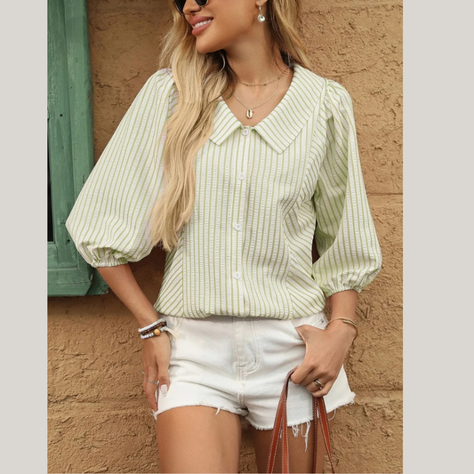 Striped Button Down 3/4 Sleeve Shirt