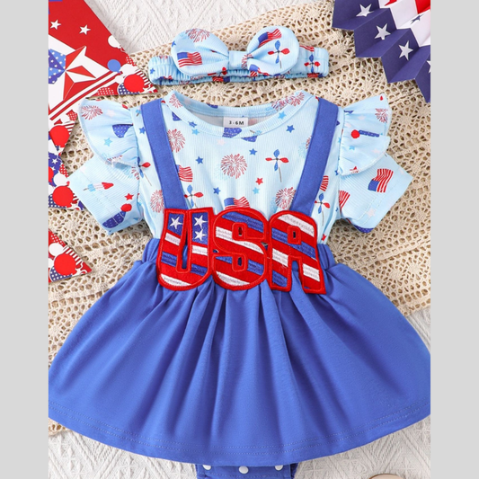 Children's Patriotic USA Ruffle Sleeve One-Piece with Headband
