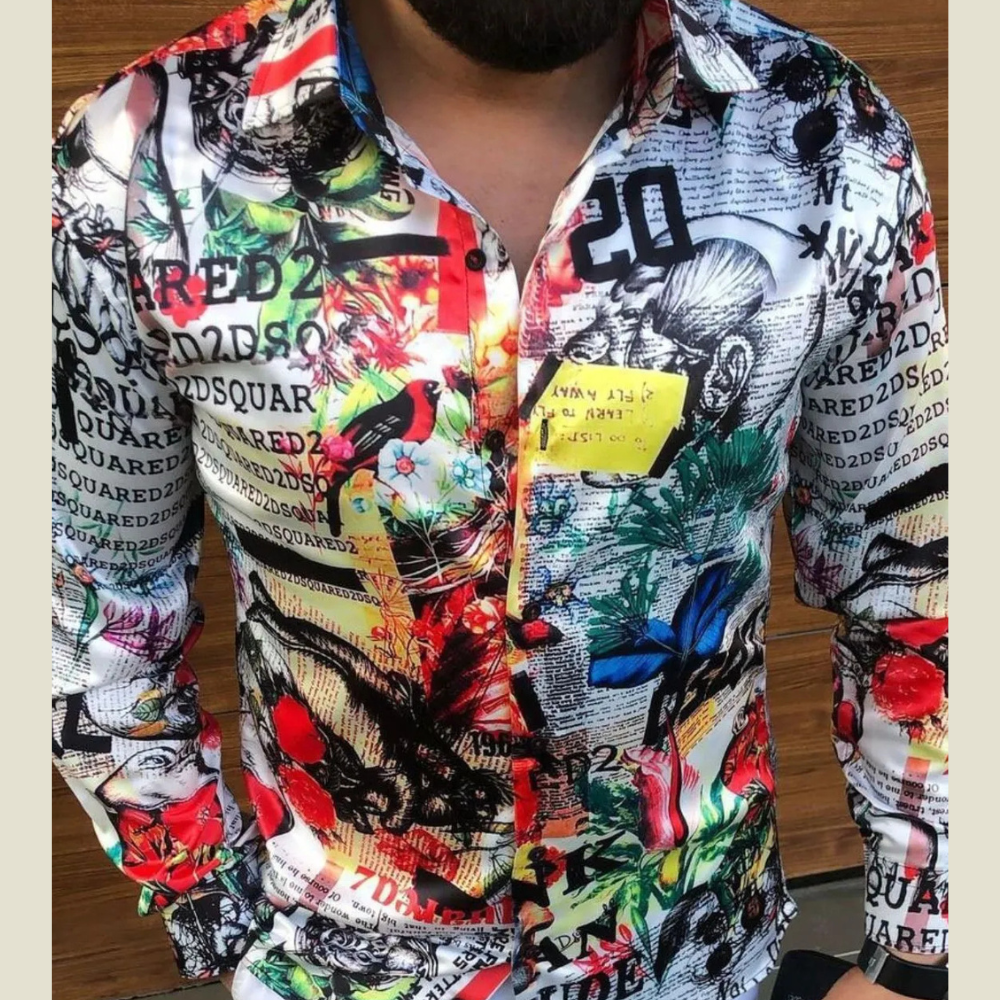 Men's Full Size Printed Collared Neck Long Sleeve Shirt Plus Size
