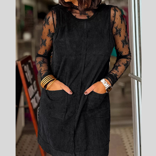 Corduroy Sleeveless Mini Dress with Patched Pockets