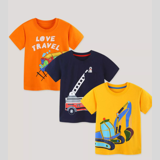 Children's Cartoon Vehicle Graphic Crew Neck T-Shirt Set