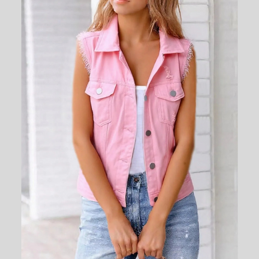 Full Size Sleeveless Frayed Denim Vest Jacket Plus Size