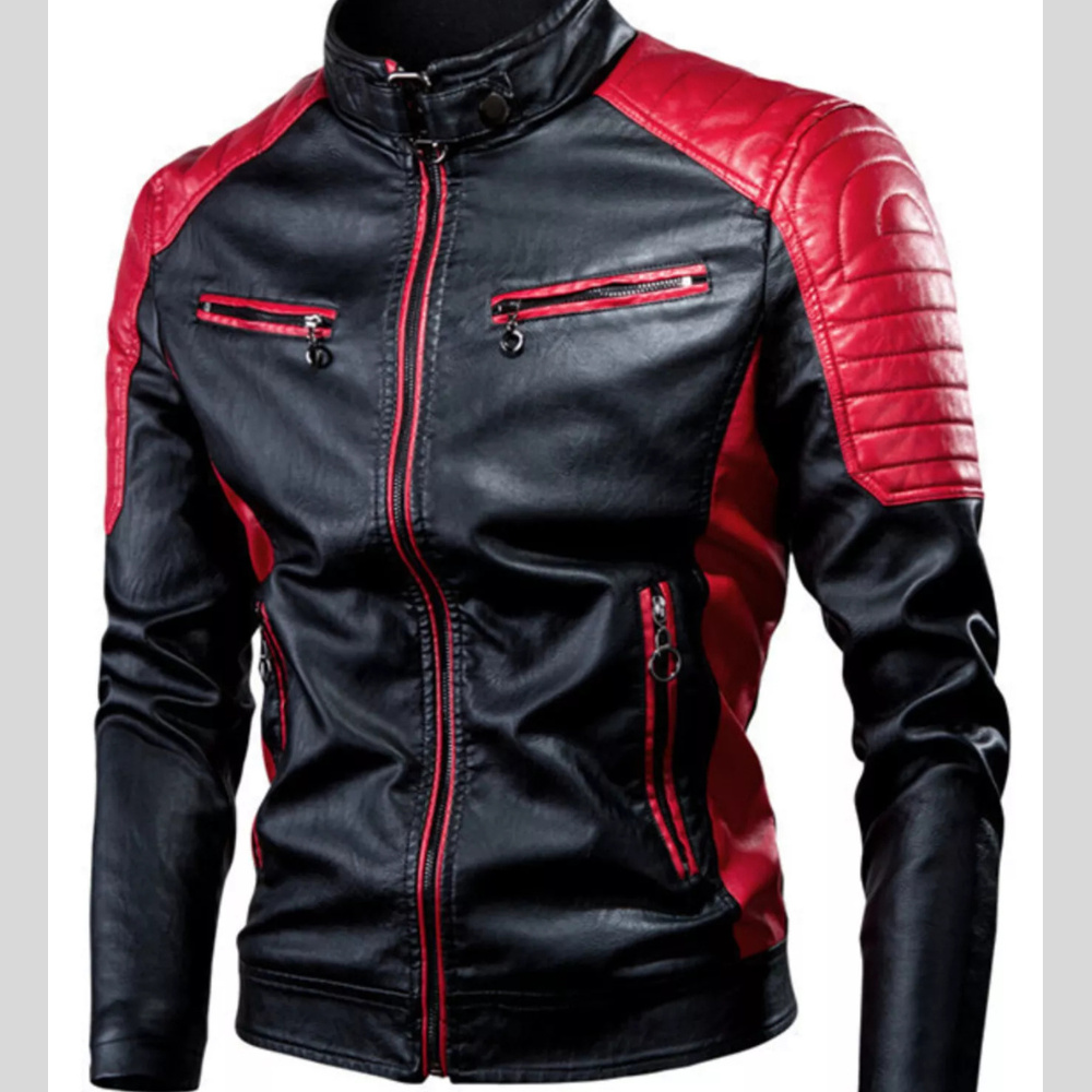 Men's Plus Size Two-Tone Slim Fit Motorcycle Leather Jacket