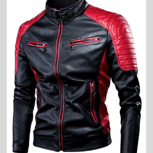 Men's Plus Size Two-Tone Slim Fit Motorcycle Leather Jacket