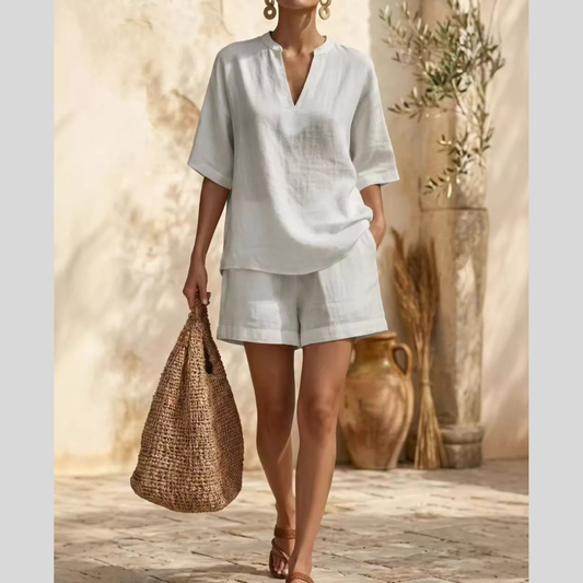 Full Size Notched Half Sleeve Top and Shorts Set Plus Size