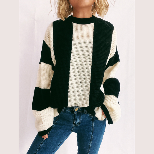 Color Block Round Neck Long Sleeve Sweater Stripes