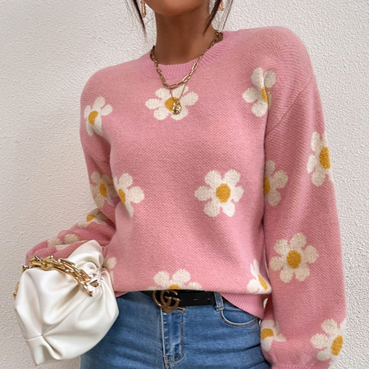 Flower Round Neck Latern Sleeve Sweater