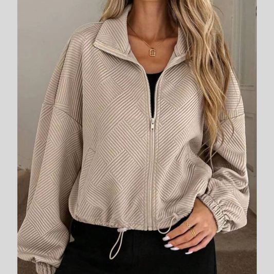 Textured Zip-Up Drawstring Hem Jacket