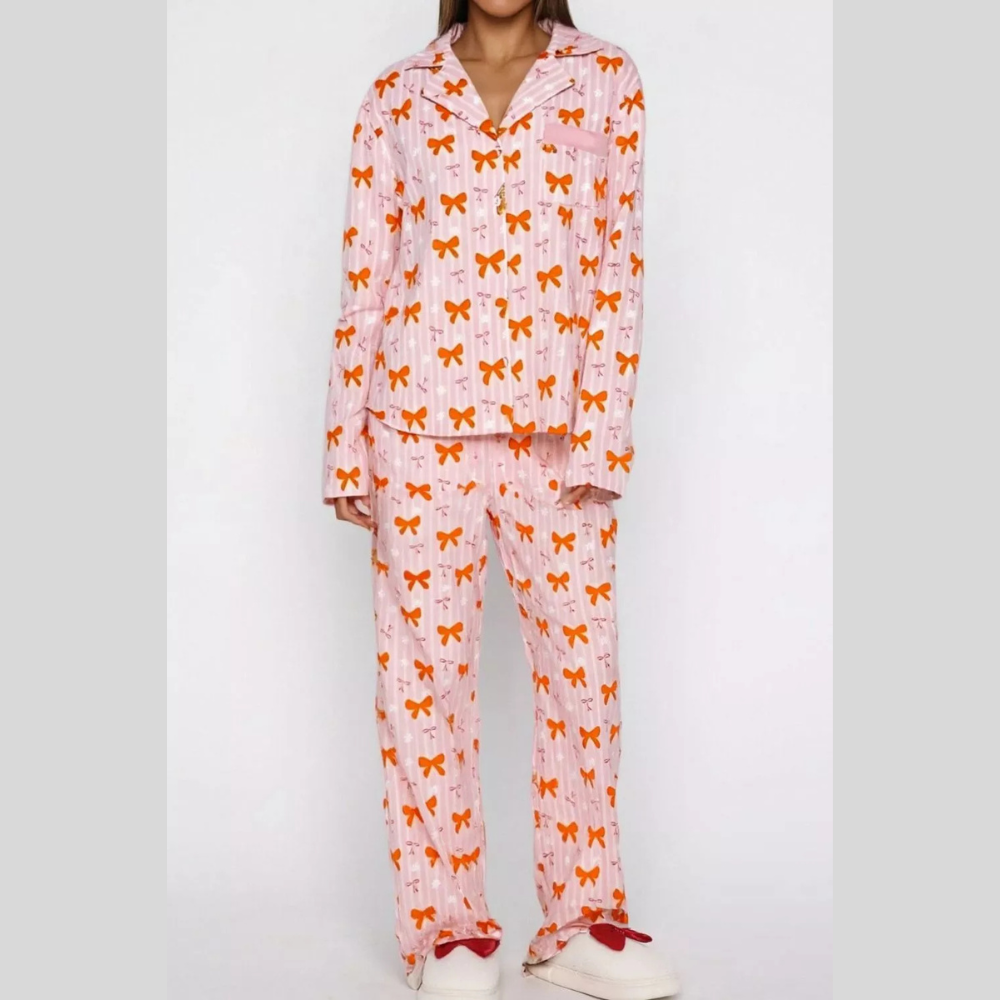 Bow Print Top and Wide Leg Pants Lounge Set