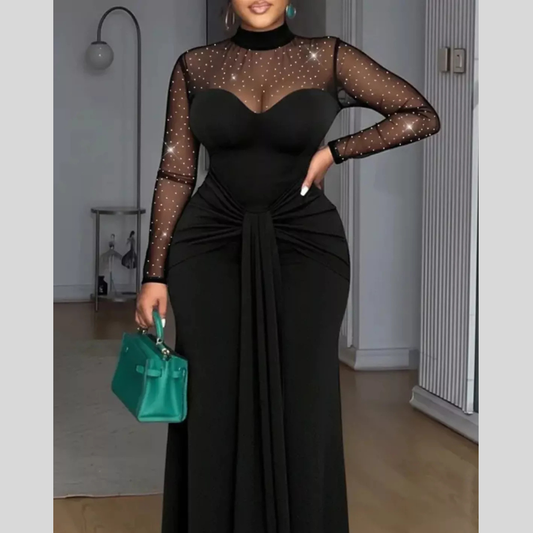 Mesh Mock Neck Long Sleeve Maxi Dress
